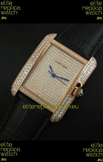 Cartier Tank Anglaise Ladies Replica Watch in Gold Case/Black Strap