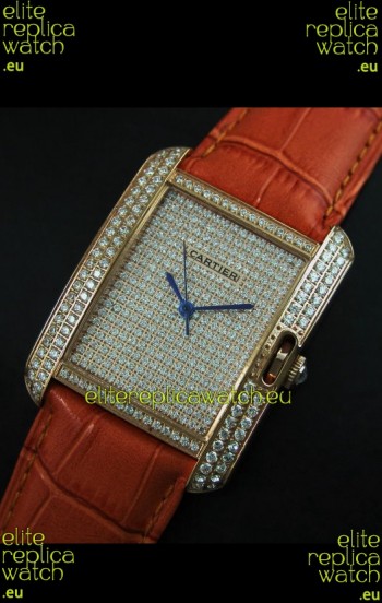 Cartier Tank Anglaise Ladies Replica Watch in Gold Case/Brown Strap