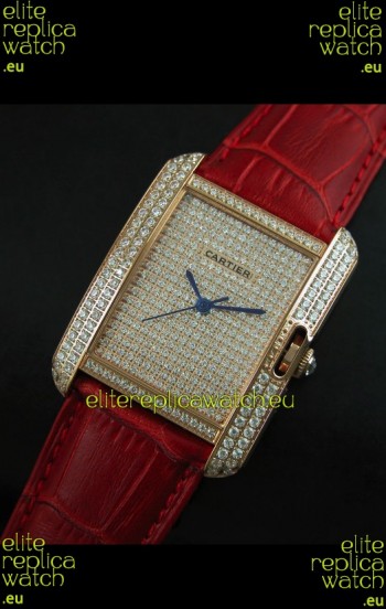 Cartier Tank Anglaise Ladies Replica Watch in Gold Case/Red Strap