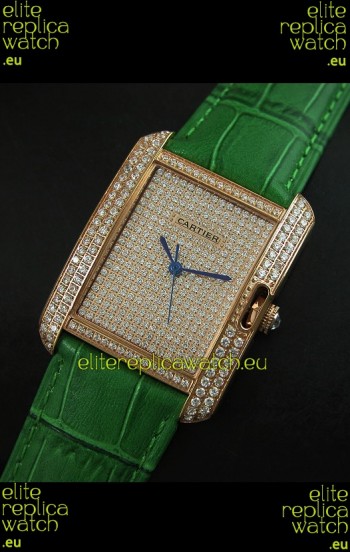 Cartier Tank Anglaise Ladies Replica Watch in Gold Case/Green Strap