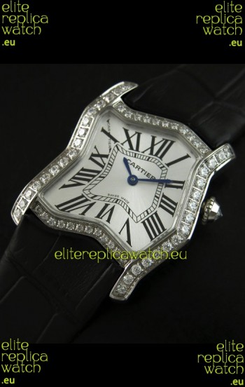 Cartier Tank Folle Ladies Replica Watch in Steel Case/Black Strap