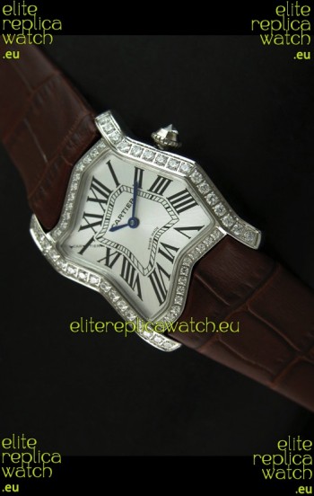 Cartier Tank Folle Ladies Replica Watch in Steel Case/Brown Strap