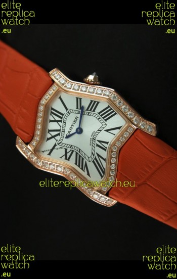 Cartier Tank Folle Ladies Replica Watch in Yellow Gold Case/Orange Strap