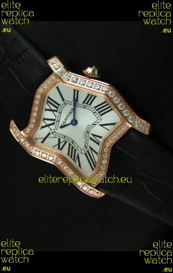 Cartier Tank Folle Ladies Replica Watch in Yellow Gold Case/Black Strap