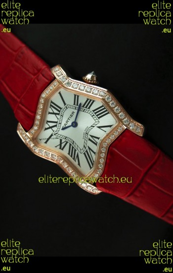 Cartier Tank Folle Ladies Replica Watch in Yellow Gold Case/Red Strap