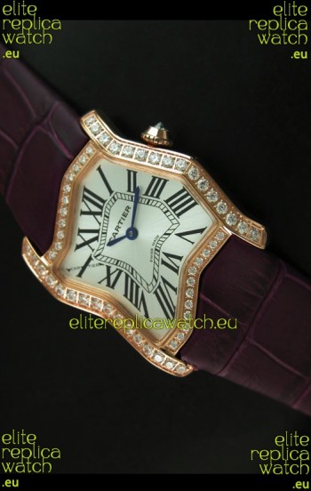 Cartier Tank Folle Ladies Replica Watch in Yellow Gold Case/Maroon Strap