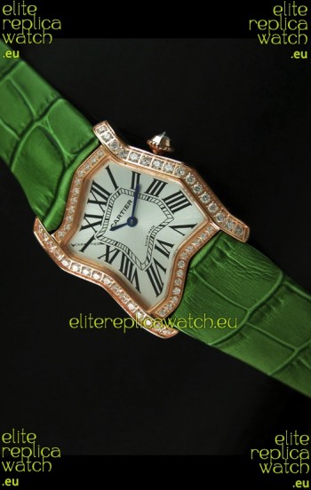 Cartier Tank Folle Ladies Replica Watch in Yellow Gold Case/Green Strap