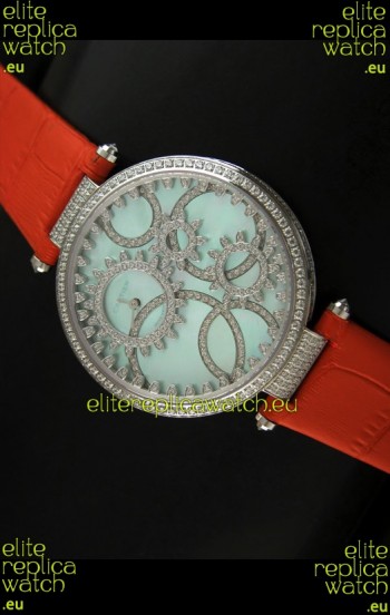 Cartier Replica Watch with Diamonds Embedded Dial Bezel in Steel Case/Orange Strap
