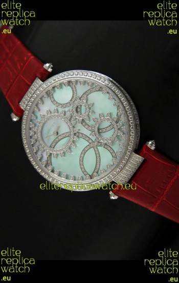 Cartier Replica Watch with Diamonds Embedded Dial Bezel in Steel Case/Red Strap