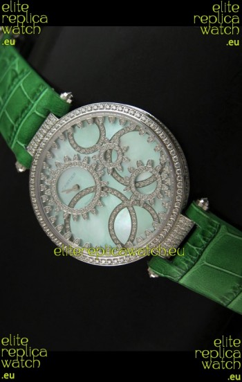 Cartier Replica Watch with Diamonds Embedded Dial Bezel in Steel Case/Green Strap