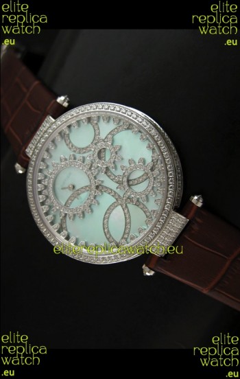 Cartier Replica Watch with Diamonds Embedded Dial Bezel in Steel Case/Brown Strap