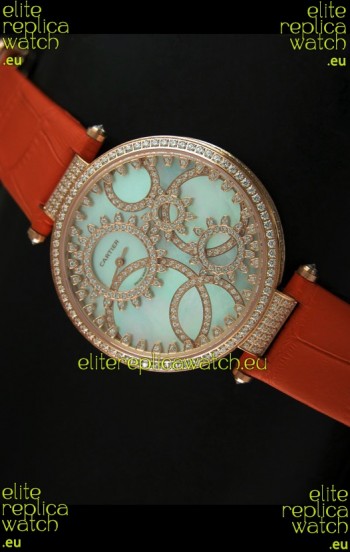 Cartier Replica Watch with Diamonds Embedded Dial Bezel in Gold Case/Orange Strap