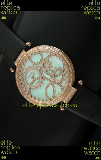 Cartier Replica Watch with Diamonds Embedded Dial Bezel in Gold Case/Black Strap