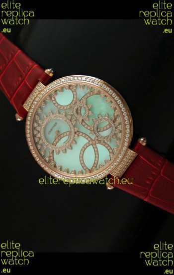 Cartier Replica Watch with Diamonds Embedded Dial Bezel in Gold Case/Brown Strap