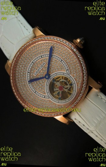 Ronde De Cartier Tourbillon Replica Watch Pink Gold Case - White Strap