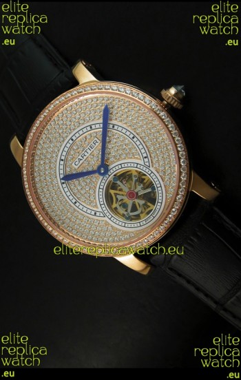 Ronde De Cartier Tourbillon Replica Watch Pink Gold Case - Black Strap