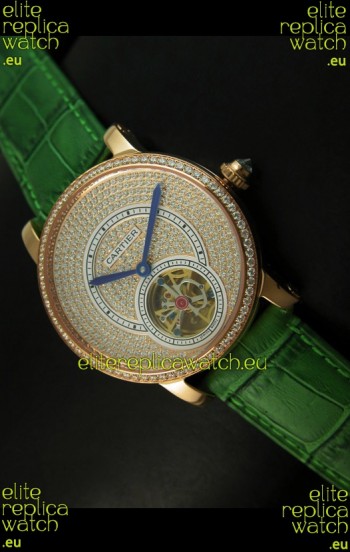 Ronde De Cartier Tourbillon Replica Watch Pink Gold Case - Green Strap