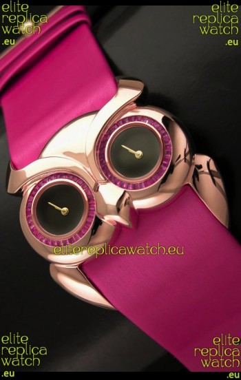 Chopard Animal World Ladies Owl Black Dial Watch in Pink Strap