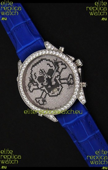 Five Time Zones J&C Skull Japanese Quartz in Full Diamonds