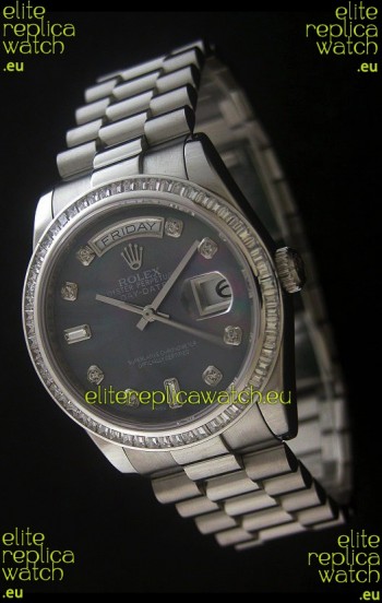 Rolex Day Date Just Japanese Replica Watch in Mop Black Dial
