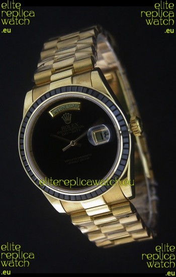 Rolex Day Date Just Japanese Replica Yellow Gold Watch in Black Dial