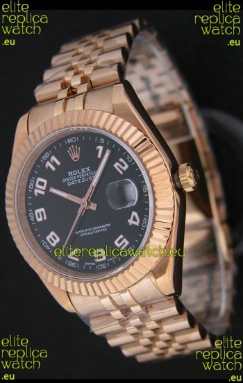 Rolex Datejust Japanese Replica Rose Gold Watch in Black Dial