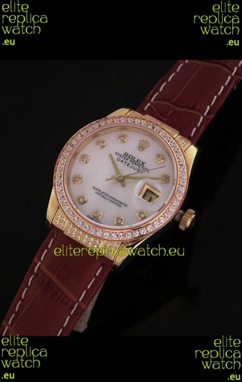 Rolex DateJust Japanese Mens Replica Yellow Gold Watch in Mop White Dial