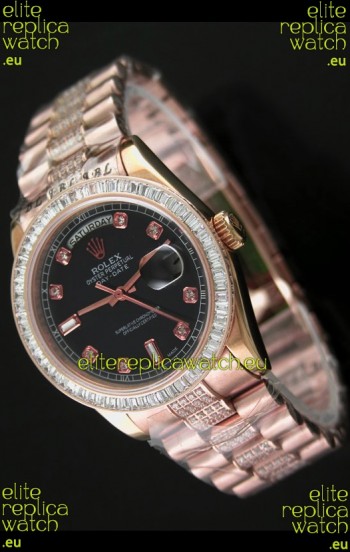 Rolex Oyster Perpetual Day Date Japanese Rose Gold Automatic Watch in Black Dial