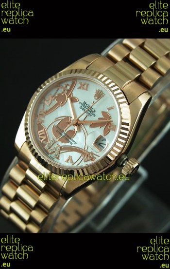 Rolex Oyster Perpetual Date Just Lady Swiss Rose Gold Watch in Pearl White Dial