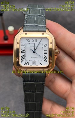 Cartier Santos De Cartier Rose Gold Grey Leather Strap Super Clone Watch 