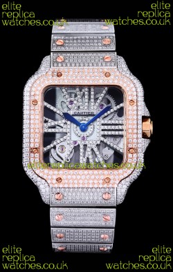 Cartier "Santos De Cartier" Skeleton moissanite Paved Super Clone Watch 