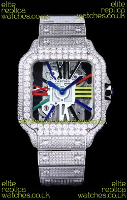 Cartier "Santos De Cartier" Skeleton moissanite Paved Super Clone Watch 