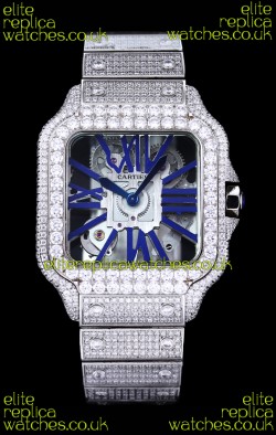 Cartier "Santos De Cartier" Skeleton moissanite Paved Super Clone Watch 