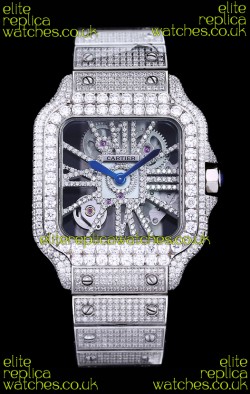 Cartier "Santos De Cartier" Skeleton moissanite Paved Super Clone Watch 