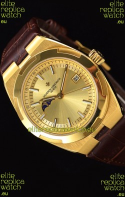 Vacheron Constantin Overseas MoonPhase Yellow Gold Swiss Watch in Brown Strap