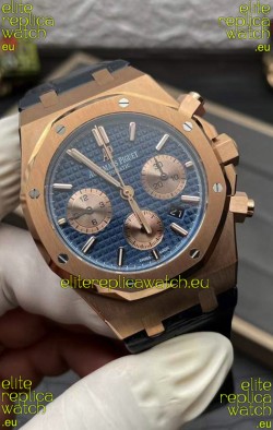 Audemars Piguet Royal Oak Chronograph Rose Gold Blue Dial Leather Strap Swiss Replica Watch
