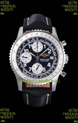 Breitling Navitimer Chronograph 41MM Swiss Replica Watch in 904L Steel Casing - Black Leather Strap