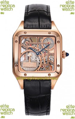 Cartier Santos Dumont Skeleton Rose Gold Watch in Black Leather Strap 43.5MM