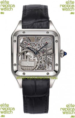 Cartier Santos Dumont Skeleton Stainless Steel Watch in Black Leather Strap 43.5MM