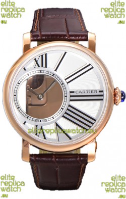 Rotonde De Cartier in Rose Gold Casing - Leather Strap Swiss Quartz Replica Watch 