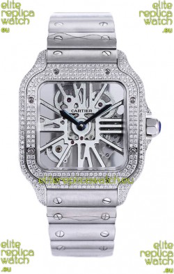 Santos De Cartier Watch in Skeleton Dial - Diamonds Bezel in Steel Casing & Strap Swiss Replica