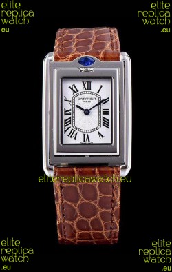 Cartier Tank Reversible Swiss Quartz Replica Watch in Steel Casing - Brown Strap