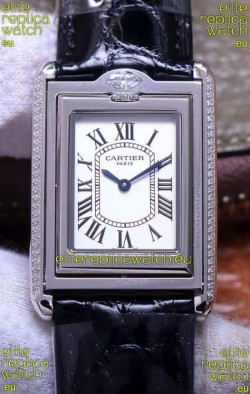 Cartier Tank Reversible Swiss Quartz Replica Watch in Steel Casing - Black Strap