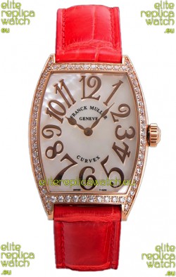 Franck Muller Cintree Curvex Mother of Pearl Dial Watch in Rose Gold Plating - Red Strap 