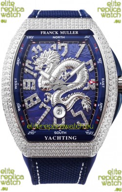 Franck Muller Vanguard Yachting Dragon V45 Blue Dial in Diamonds Bezel Swiss Replica