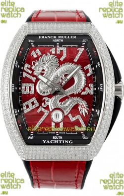 Franck Muller Vanguard Yachting Dragon V45 Red Dial in Gold Diamonds Bezel Swiss Replica