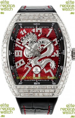 Franck Muller Vanguard Yachting Dragon V45 Red Dial in Square Diamonds Bezel Swiss Replica
