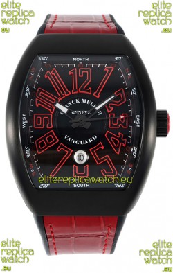 Franck Muller Vanguard in DLC Coated Casing Black Dial Swiss Replica Red Strap 