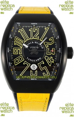 Franck Muller Vanguard in DLC Coated Casing Black Dial Swiss Replica Yellow Strap 
