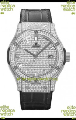 Hublot Classic Fusion Automatic Steel Diamonds Paved Dial Grey Strap 42MM Superclone Replica Watch 